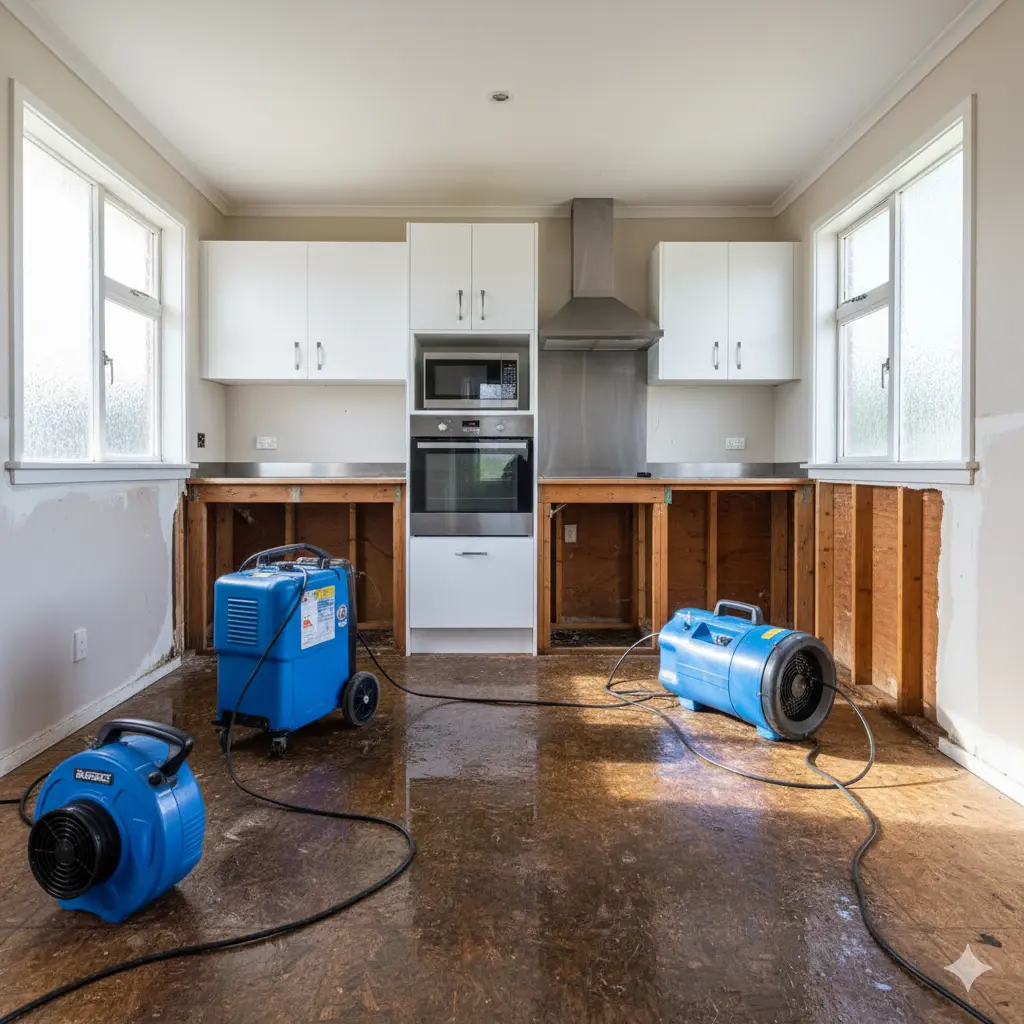 Restore360 emergency response team removing flood water from a residential property in New Zealand using extraction equipment