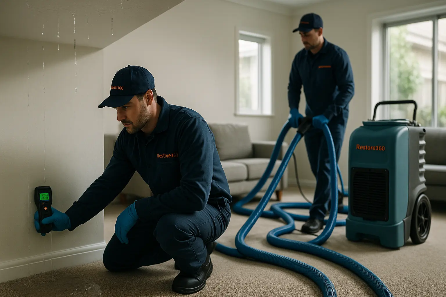Restore360 technician repairing water-damaged walls and flooring in a flooded Auckland home after a burst pipe